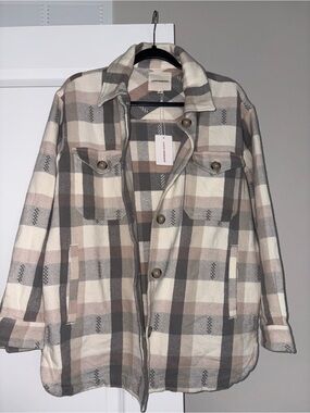 NWT Lucky Brand Plaid Shacket in Cream, Gray & Taupe
